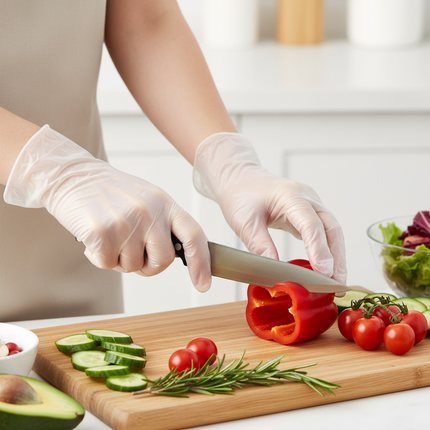 Hands wearing clear vinyl gloves small size during food prep
