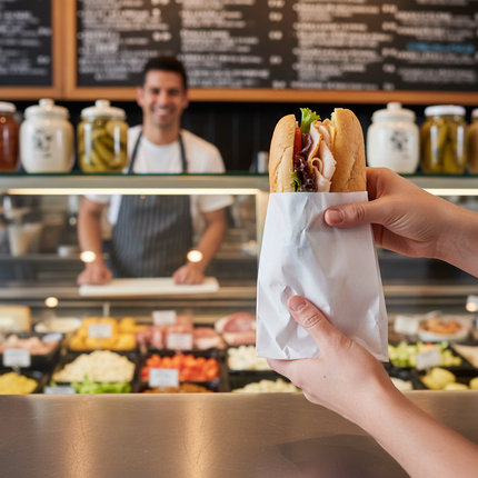 White grease-resistant sandwich bag with sandwich lifestyle use