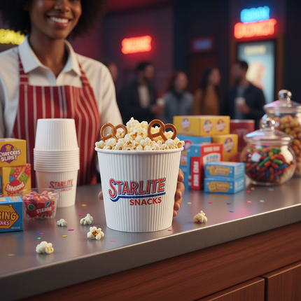 Small white paper food pail 8oz with popcorn lifestyle use