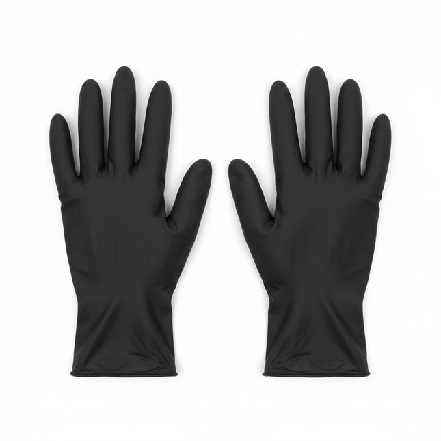 Black vinyl gloves large laid flat