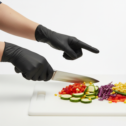 Hands wearing black vinyl gloves