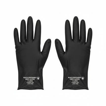Black vinyl gloves laid flat
