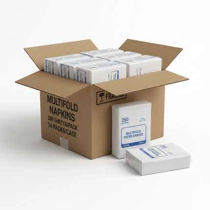 White multifold napkins in corrugated box bulk case
