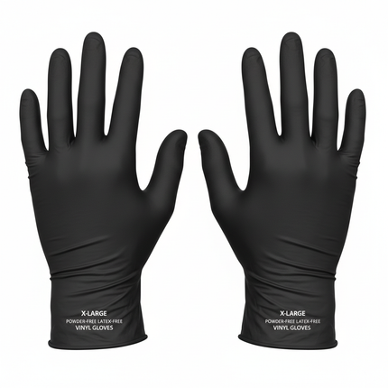 Black synthetic vinyl gloves X-Large laid flat