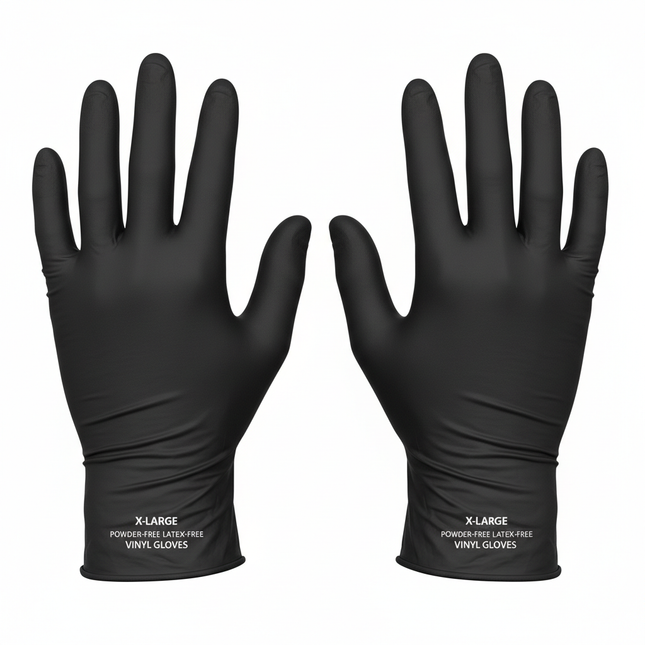 Black synthetic vinyl gloves X-Large laid flat