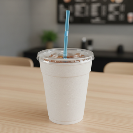 Clear PET flat lid with straw on small foam cup lifestyle