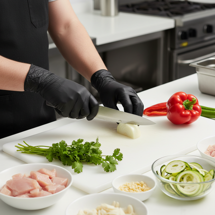 Hands wearing black synthetic vinyl gloves during food prep