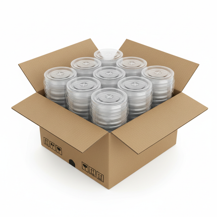 Clear PET flat lids for 22oz cups in corrugated box