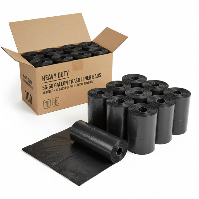 Black 55-60 gallon trash liner case kit