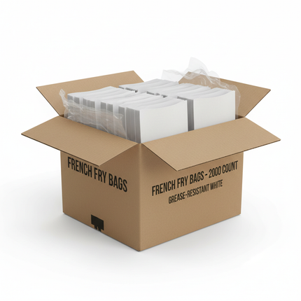 White grease-resistant french fry bags in corrugated box bulk case