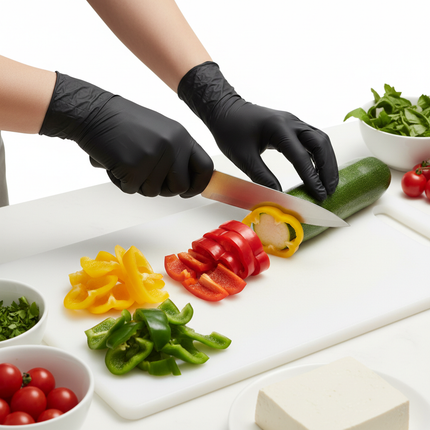 Hands wearing black vinyl gloves during food prep