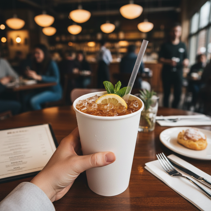 32oz white paper cold cup with iced drink lifestyle