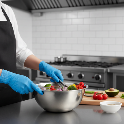 Hands wearing blue vinyl gloves during food prep