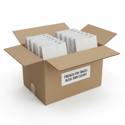 White grease-resistant french fry bags in corrugated box bulk case