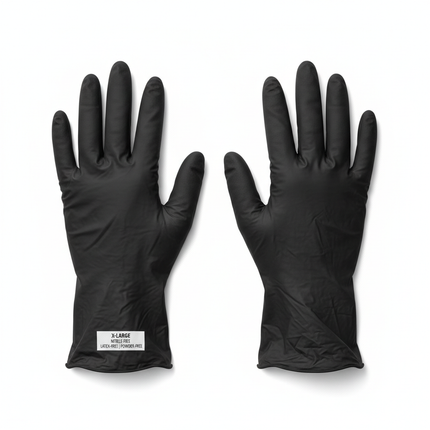Black vinyl gloves laid flat