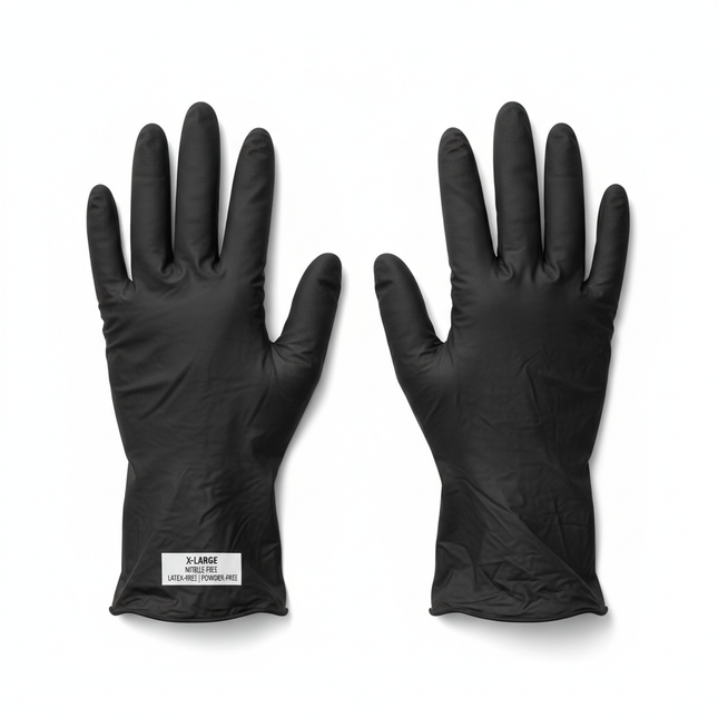 Black vinyl gloves laid flat
