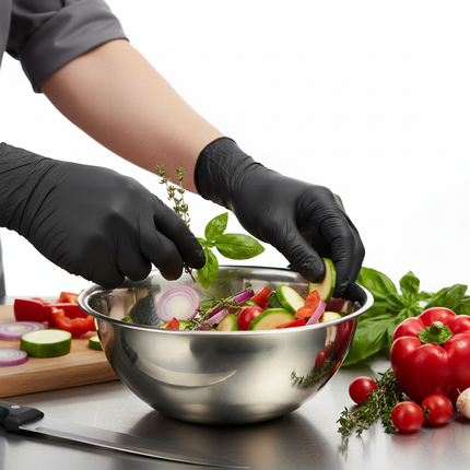 Hands wearing black nitrile gloves during food prep