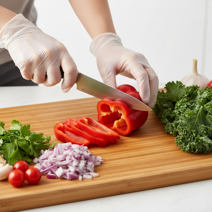 Hands wearing clear vinyl gloves during food prep