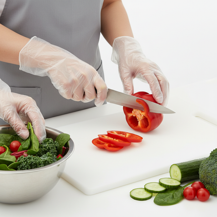 Hands wearing clear poly gloves during food prep
