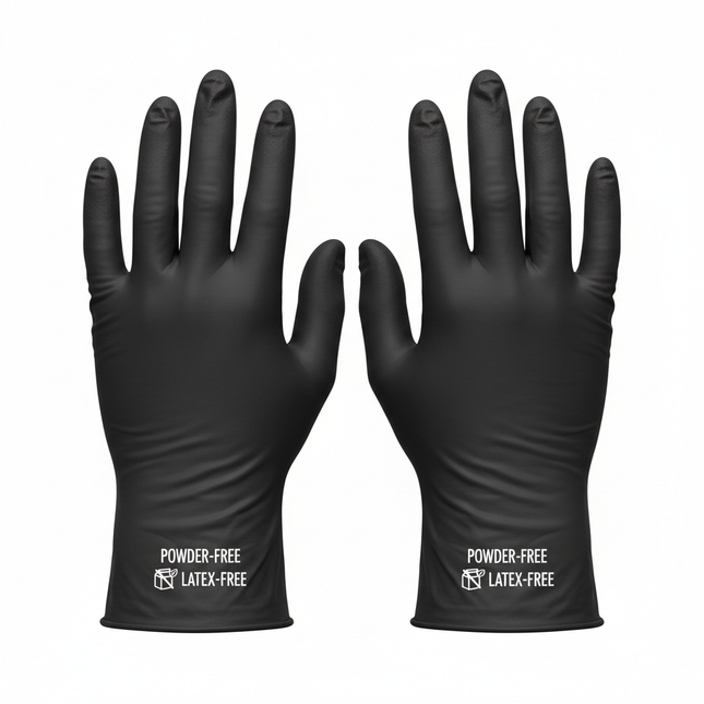 Black vinyl gloves small size laid flat