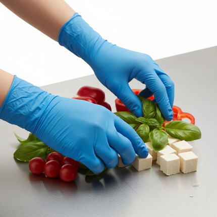 Hands wearing blue vinyl gloves during food prep