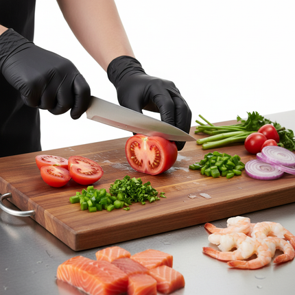 Hands wearing black nitrile gloves medium during food prep