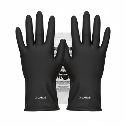 Black synthetic vinyl gloves X-Large laid flat
