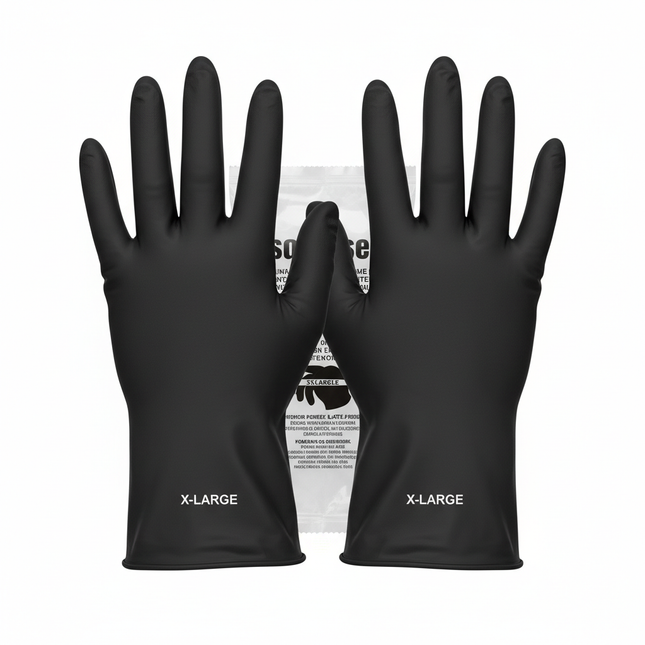 Black synthetic vinyl gloves X-Large laid flat