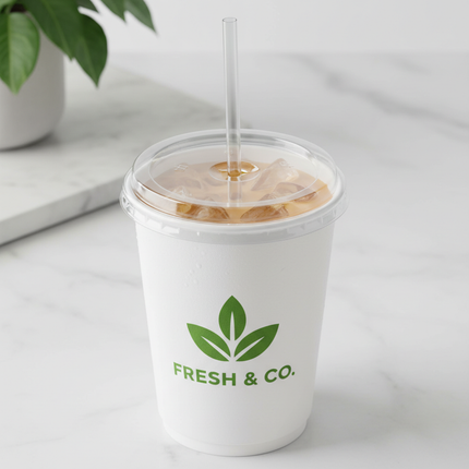 Clear PET flat lid with straw on 22oz paper cup lifestyle