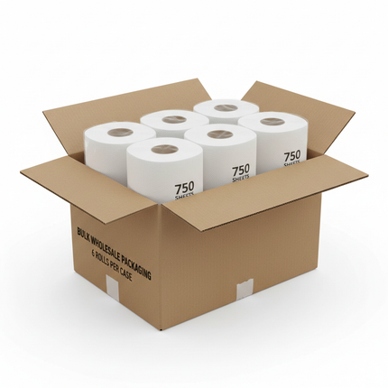 White paper towel rolls in corrugated box bulk case