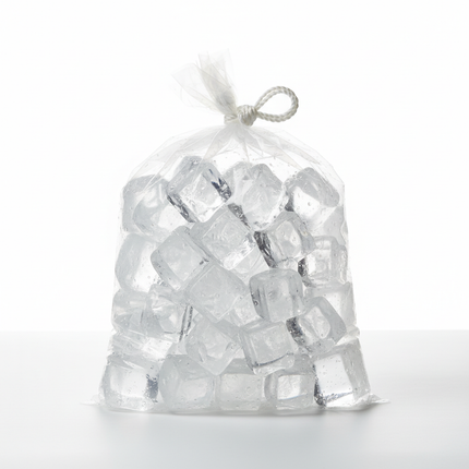 Clear plastic ice bag filled with ice