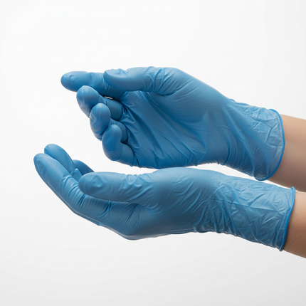 Hands wearing blue vinyl gloves