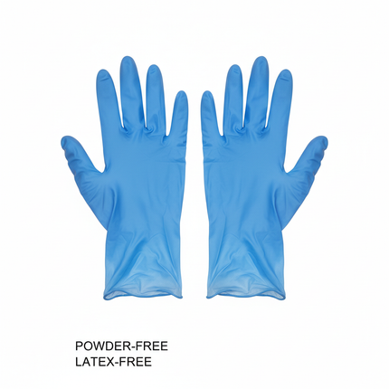 Blue vinyl gloves medium size laid flat