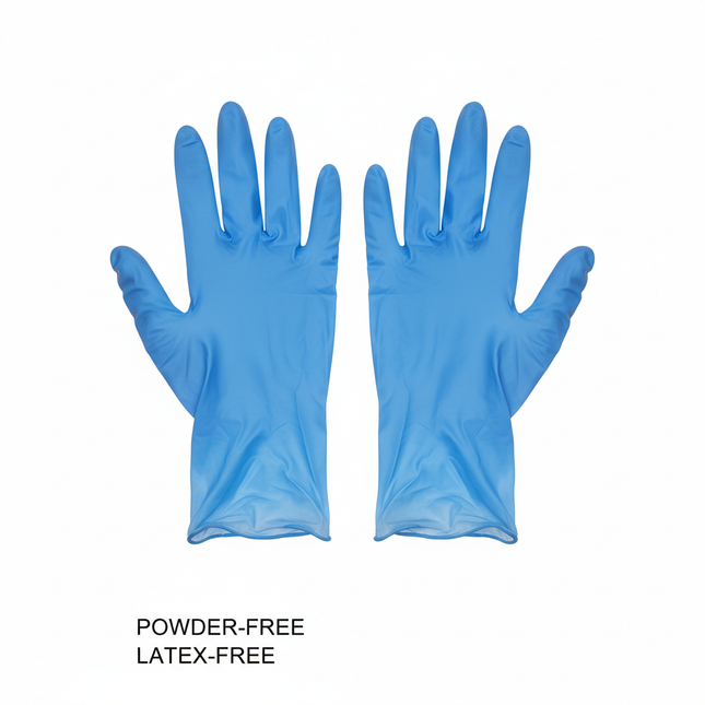Blue vinyl gloves medium size laid flat