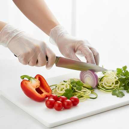 Hands wearing clear synthetic vinyl gloves during food prep