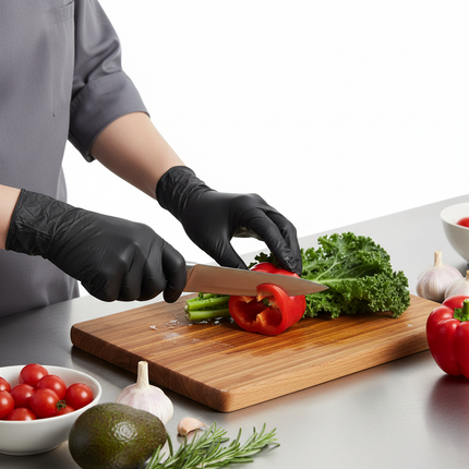 Hands wearing black synthetic vinyl gloves during food prep