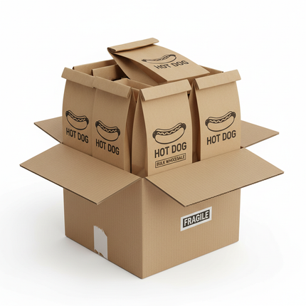 Brown kraft hotdog bags in corrugated box bulk case
