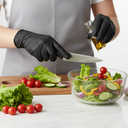 Hands wearing black vinyl gloves during food prep