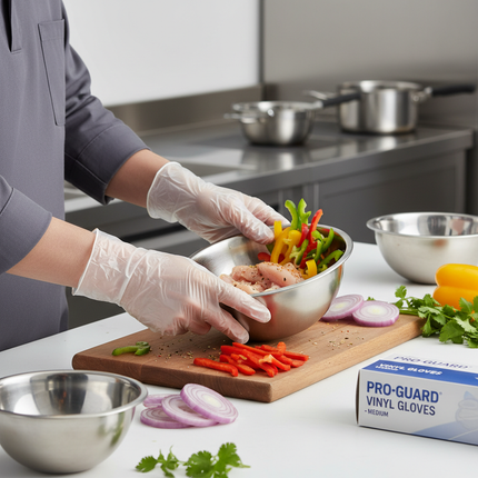 Hands wearing clear vinyl gloves during food prep