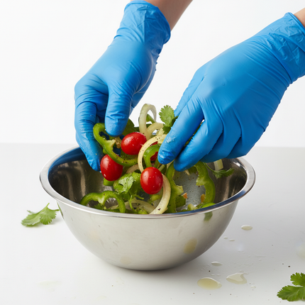 Hands wearing blue vinyl gloves during food prep