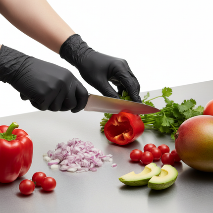 Hands wearing black vinyl gloves during food prep