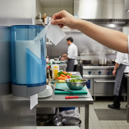 Center pull paper towel in use in commercial kitchen