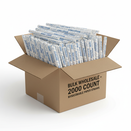 Paper wrapped jumbo straws in corrugated box bulk case