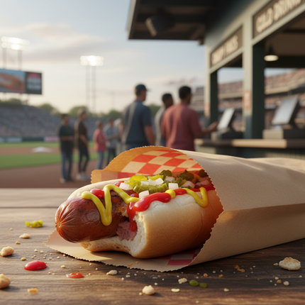 Brown kraft hotdog bag with hotdog lifestyle use at concession stand