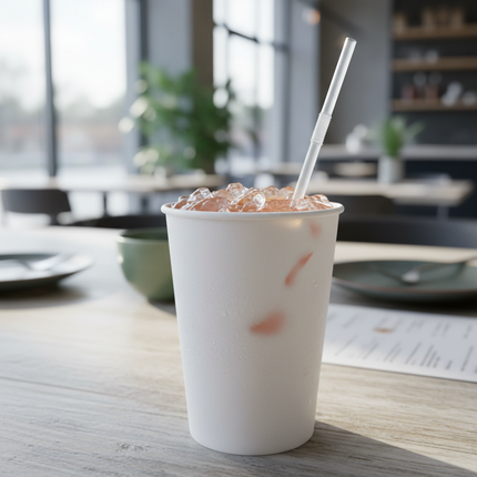 22oz white paper cold cup with iced drink lifestyle