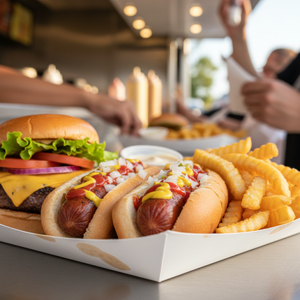 White paper food tray with food lifestyle use example