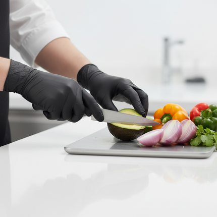 Hands wearing black nitrile gloves during food prep