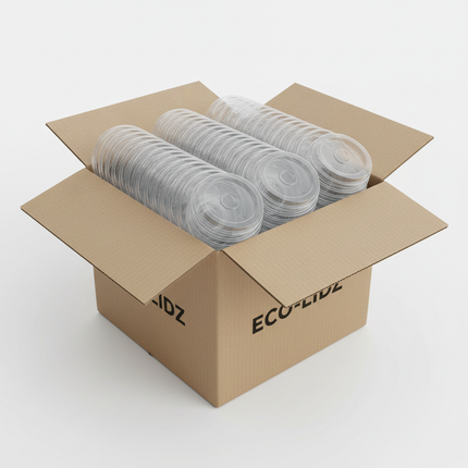 Clear PET flat lids for 32oz cups in corrugated box