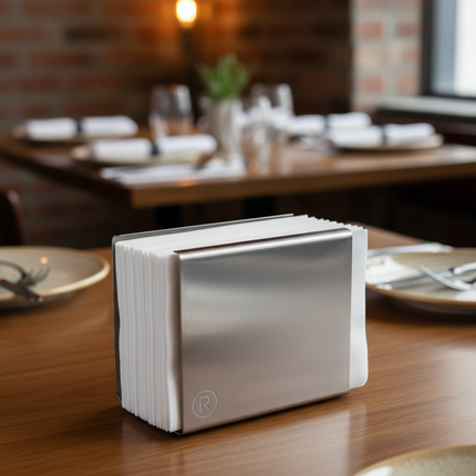 White multifold napkins in commercial dispenser on restaurant table