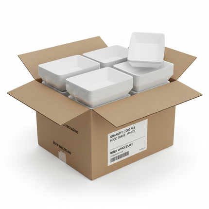 White paper food trays in corrugated box bulk case